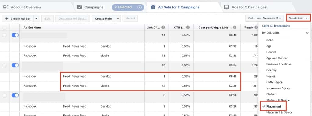 Kiểm tra hoạt động quảng cáo Facebook Ads theo từng thiết bị định vị.